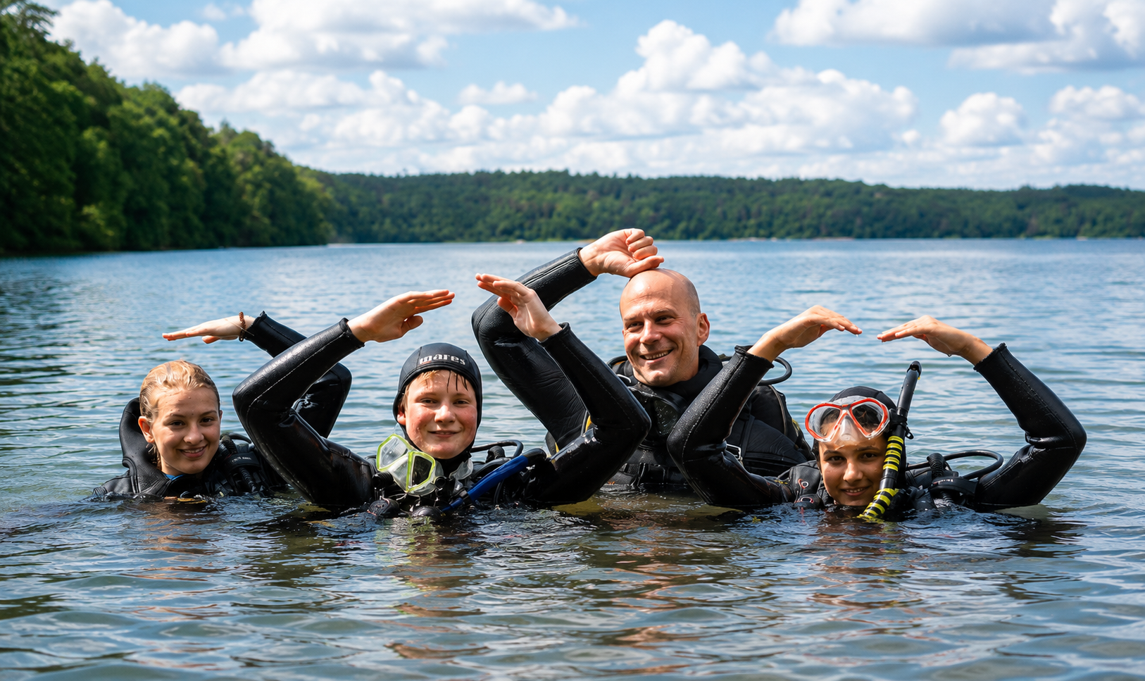 Zwei Jugendliche und ein erwachsener Tauchlehrer unter Wasser im See